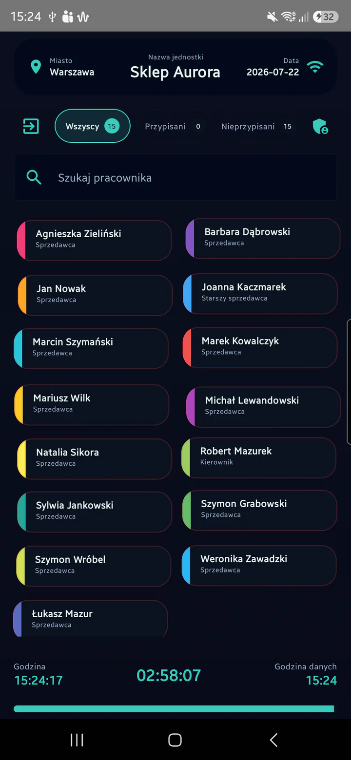 Ekran badania migawkowego SnapApp z listą pracowników